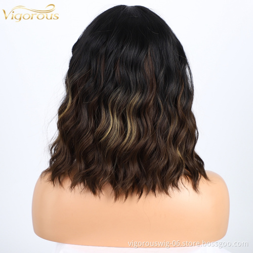 Top Quality Short Wavy Bob Wigs Black Women's Middle Part Highlight Blonde Synthetic Lace Wigs Wholesale Price